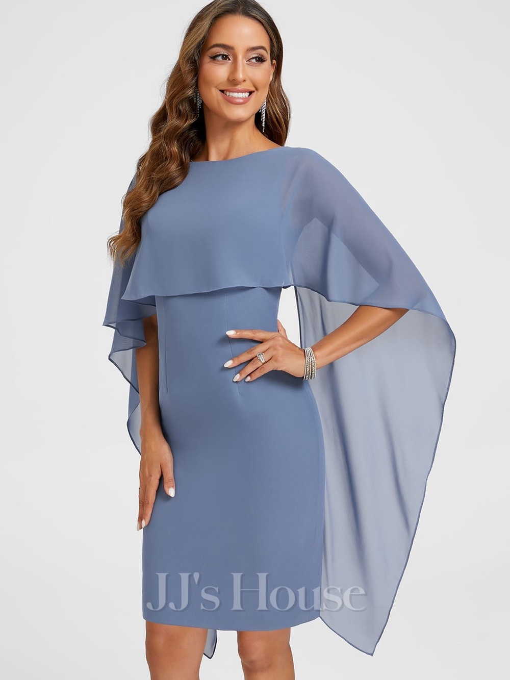 JJs House Renelle - Dusty Blue Cape Sheath Cocktail Dress